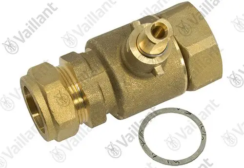 Vaillant Absperrventil aus Messing mit einer volumetrischen Verbindung und einer Dichtungsscheibe. 